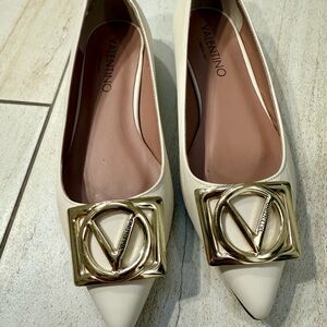 Valentino Cream Flats with Gold Logo Detail